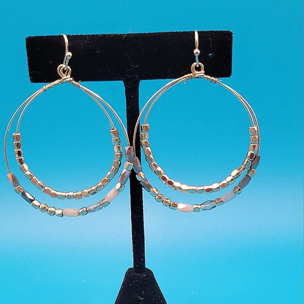 Vintage Hoop Earrings with Gold and Silver Beads. Very Boho. Lightweight. - Picture 1 of 6